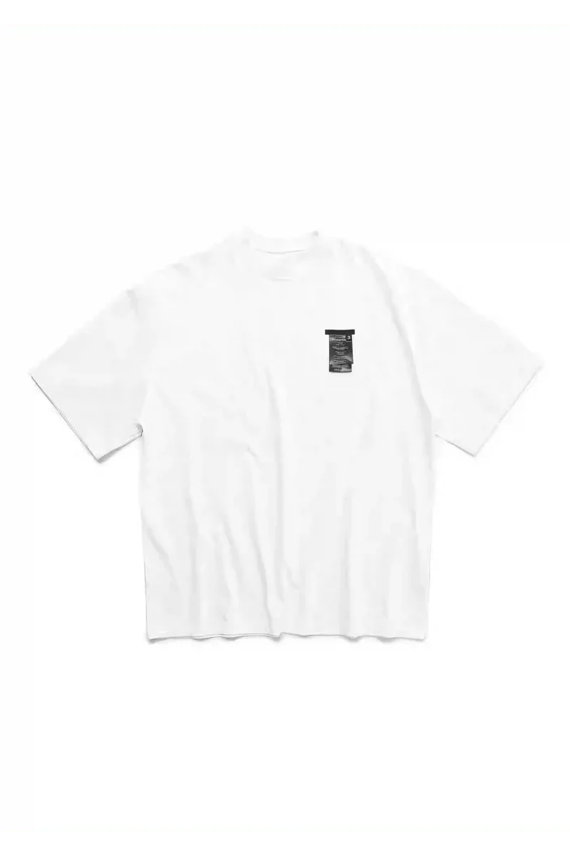 White Masonprince WashTag Tee with black printed wash tag design on front chest pocket area