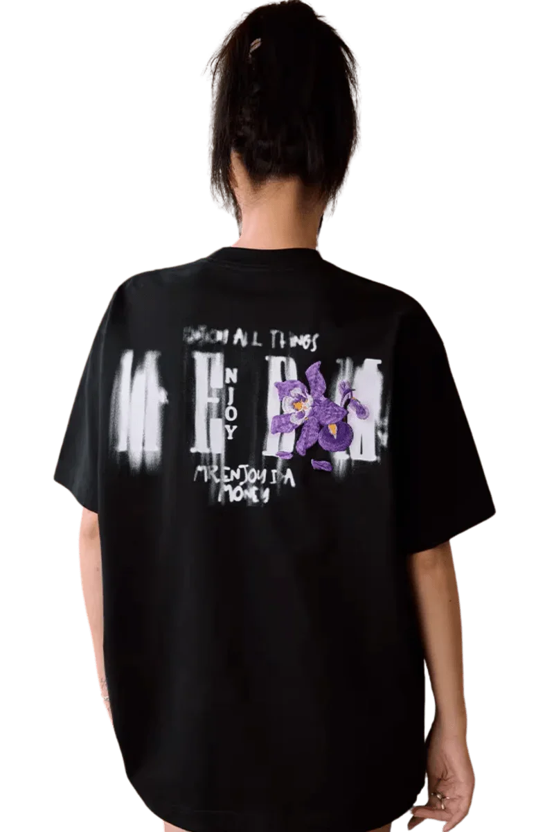 MEDM 3D Flower Embroidery Tee in black with vibrant floral design on the back