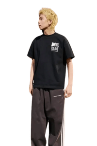 Black MEDM Badge Tee by Mr Enjoy Da Money worn with casual pants for a stylish look