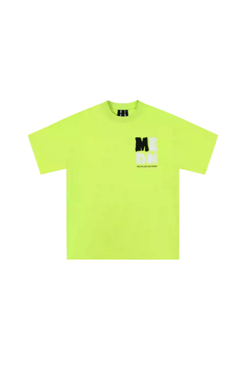 Bright neon green MEDM Badge Tee by Mr Enjoy Da Money with stylish graphic design on the chest