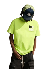 Bright neon green MEDM Badge Tee featuring logo graphic for casual streetwear style