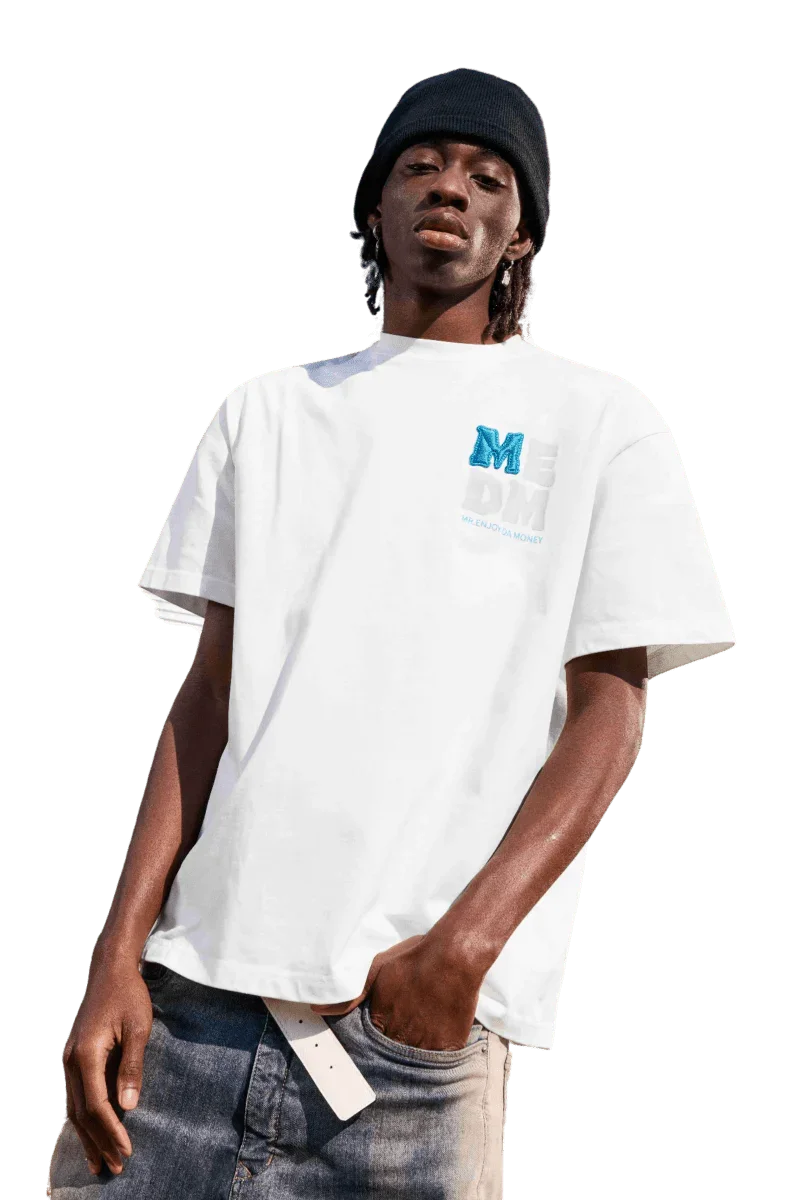 Mr Enjoy Da Money MEDM Badge Tee in White, featuring a stylish pocket design for a modern look