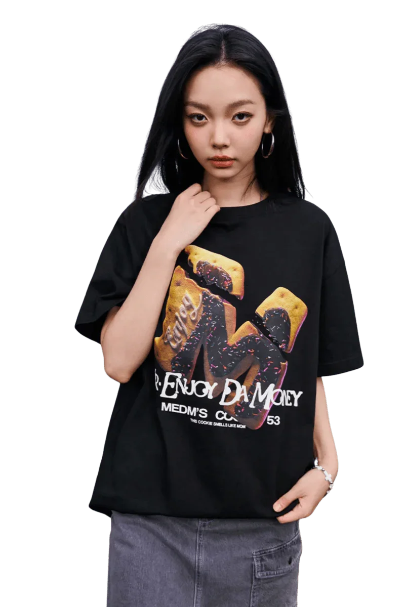 Stylish MEDM Big M Cookie Tee in black featuring a bold graphic design for a trendy look