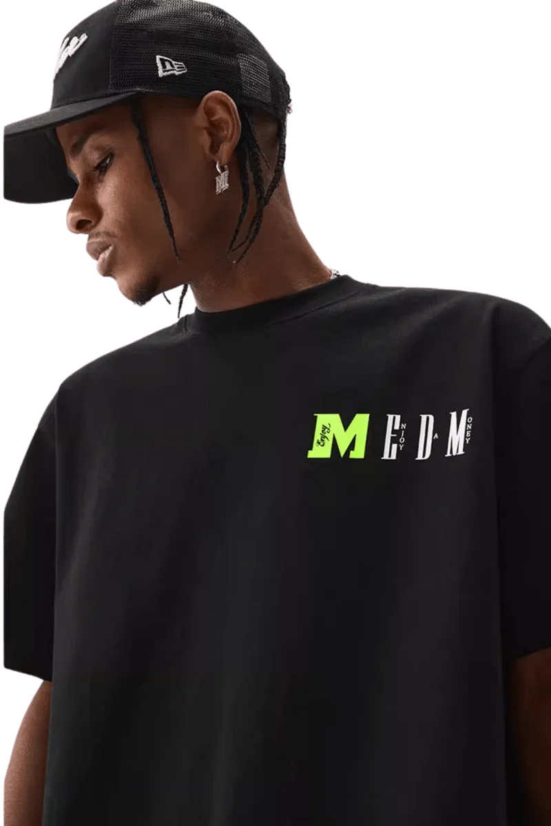 MEDM Building Colour Block Tee in black featuring unique logo design for a stylish look
