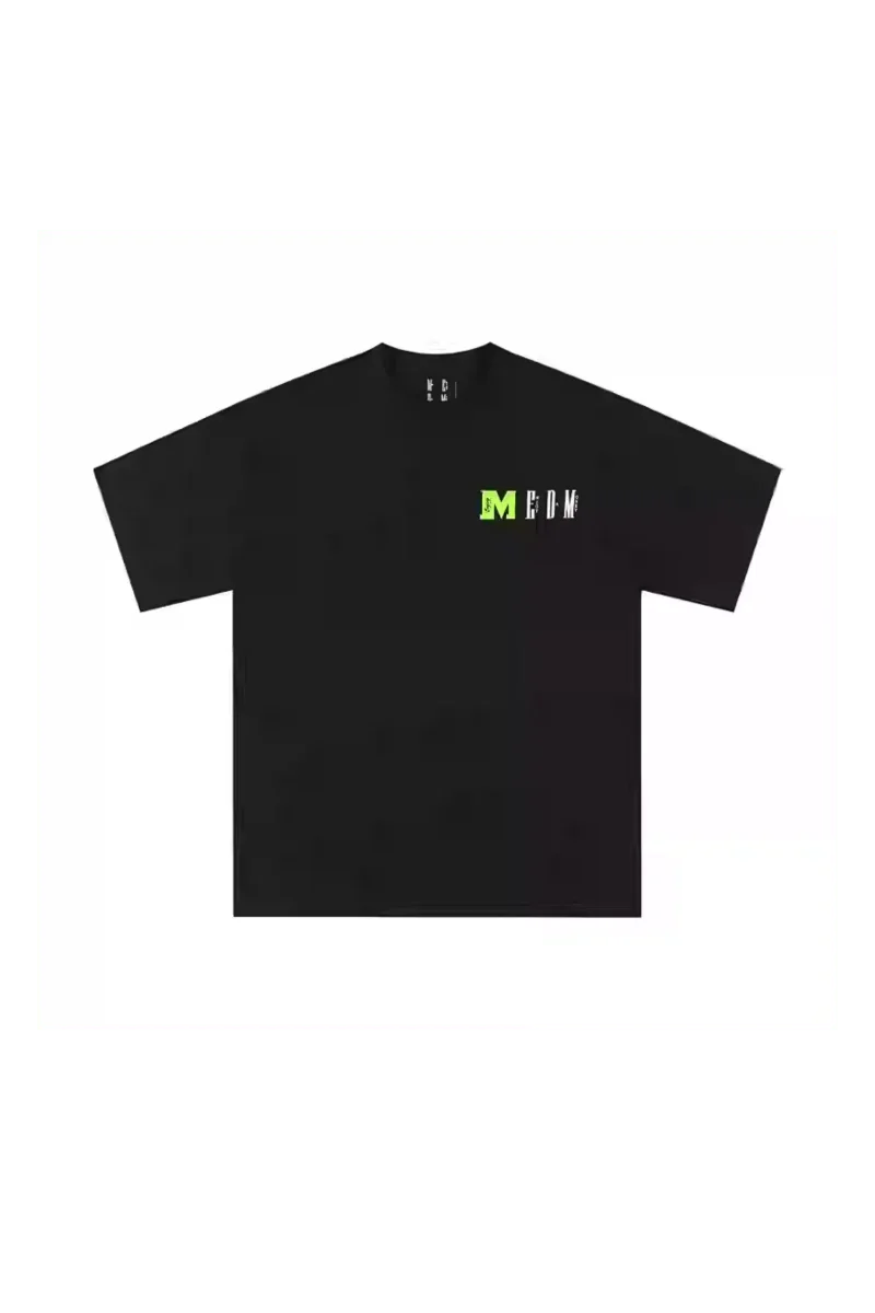 MEDM Building Colour Block Tee in black with bold green lettering for a stylish look