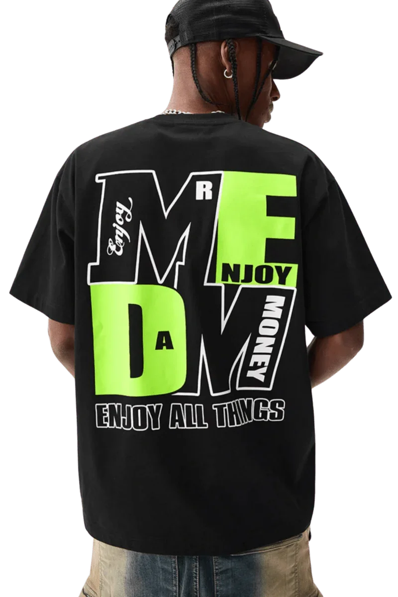 Mr Enjoy Da Money MEDM Building Colour Block Tee in Black with Bold Graphic Print
