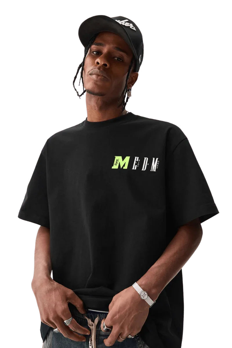 MEDM Building Colour Block Tee in black featuring a unique logo design for streetwear enthusiasts