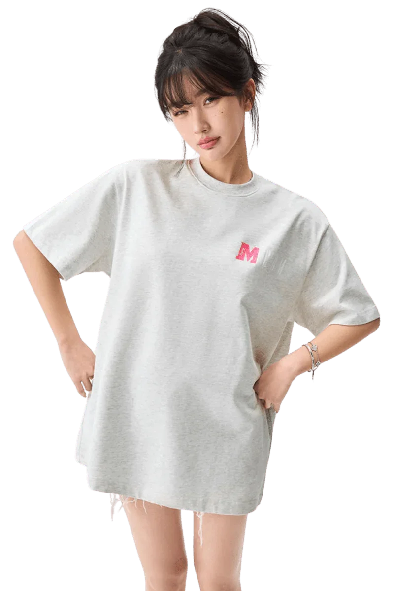 MEDM Building Colour Block Tee in light grey with a pink logo for casual streetwear style