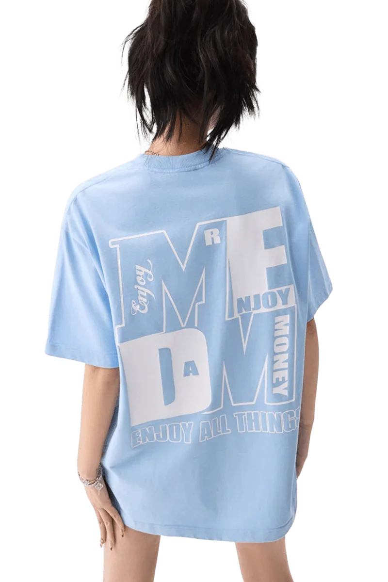 MEDM Building Colour Block Tee in light blue with stylish graphic design on the back