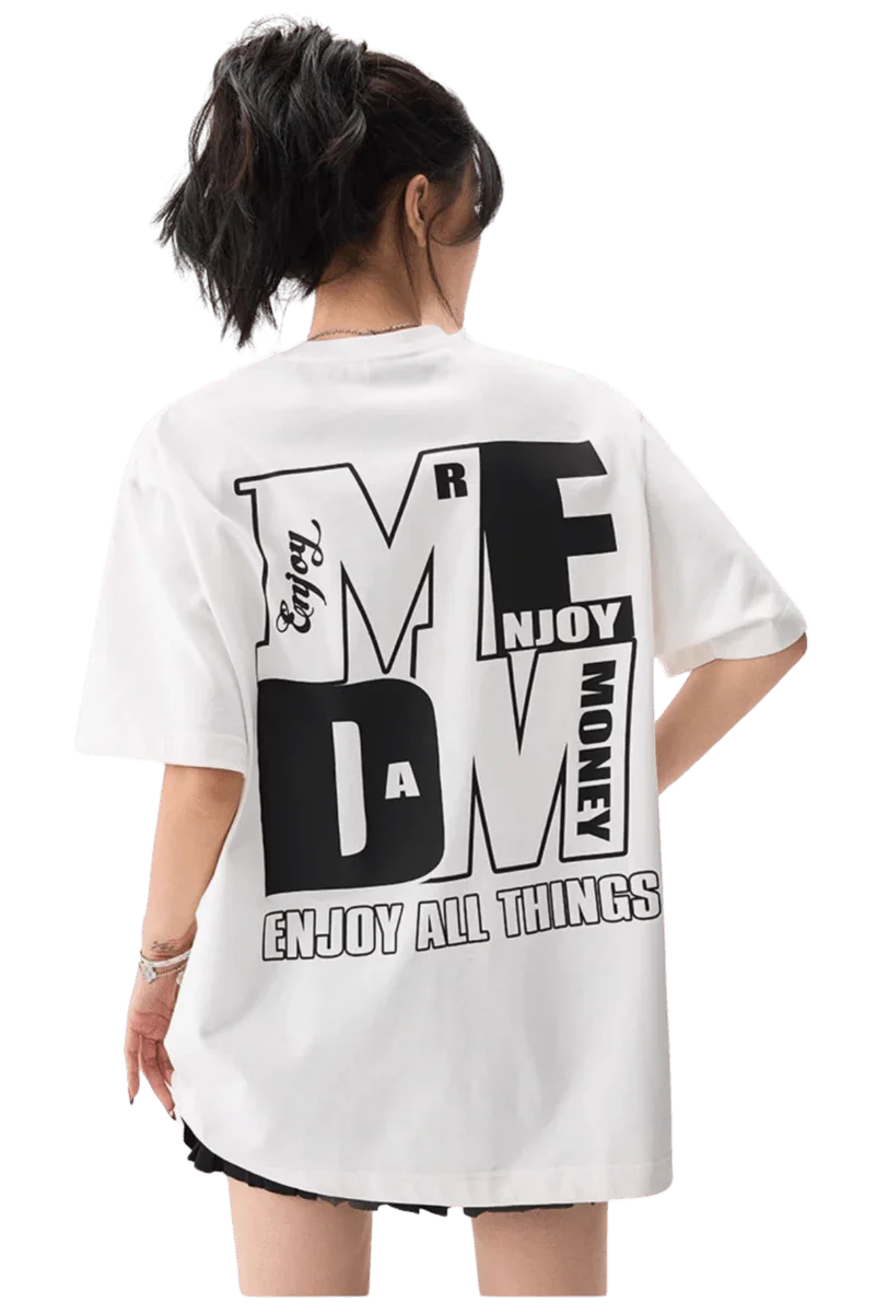 MEDM Building Colour Block Tee in white with bold graphic design on the back for a stylish look
