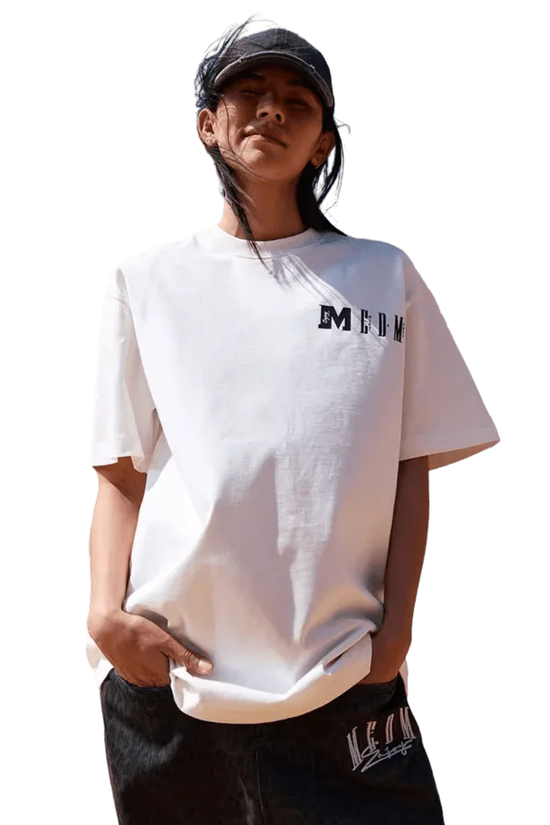 MEDM Building Colour Block Tee in white with logo design, perfect for casual streetwear style
