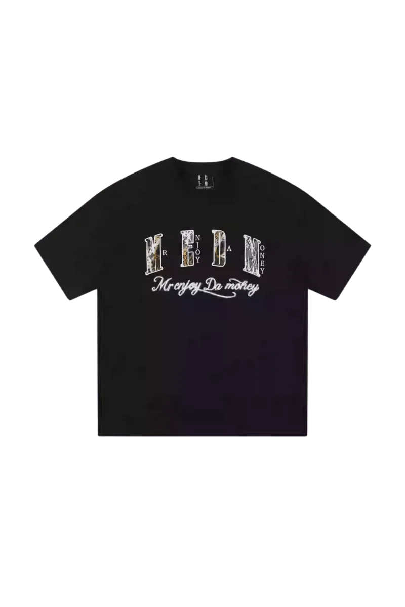 Black MEDM Burnt Laced Tee by Mr Enjoy Da Money with bold white logo design on front