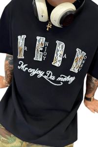 Black MEDM Burnt Laced Tee by Mr Enjoy Da Money with bold white and burnt orange graphic lettering
