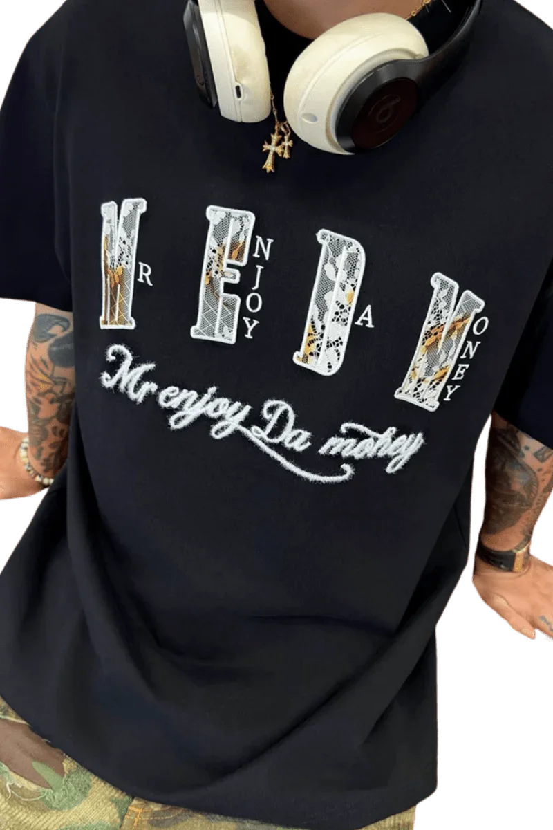 Black MEDM Burnt Laced Tee by Mr Enjoy Da Money with bold white and burnt orange graphic lettering