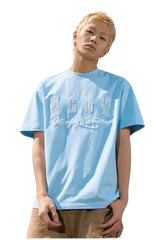 Young man wearing a light blue MEDM Burnt Laced Tee by Mr Enjoy Da Money with distressed lettering