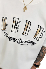White MEDM Burnt Laced Tee by Mr Enjoy Da Money with burnt effect lettering and script logo