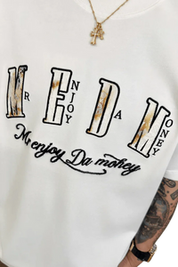 White MEDM Burnt Laced Tee by Mr Enjoy Da Money with burnt effect lettering and script logo