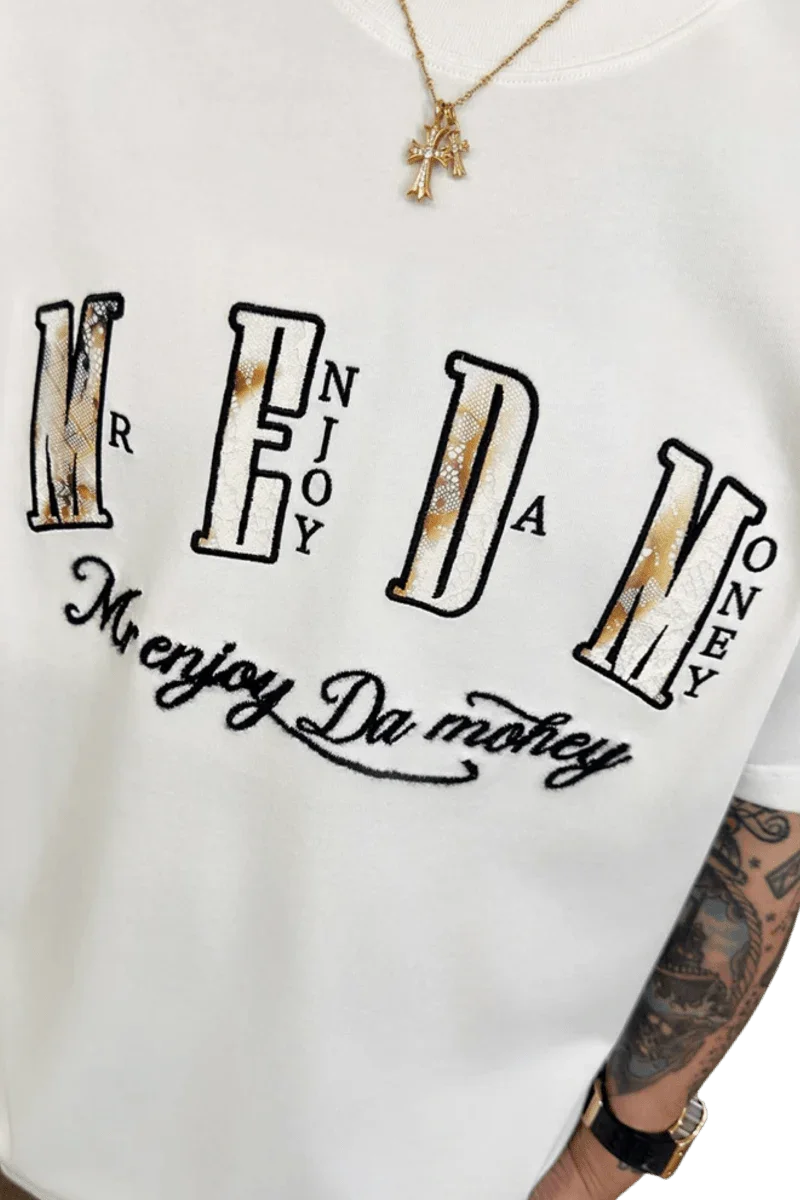 White MEDM Burnt Laced Tee by Mr Enjoy Da Money with burnt effect lettering and script logo