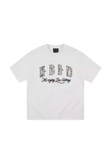 White MEDM Burnt Laced Tee by Mr Enjoy Da Money with bold black text design on front