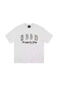 White MEDM Burnt Laced Tee by Mr Enjoy Da Money with bold black text design on front