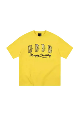 Yellow MEDM Burnt Laced Tee by Mr Enjoy Da Money with bold black logo text on front