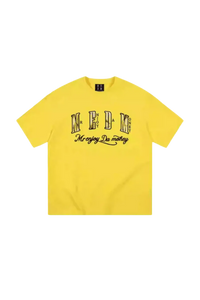 Yellow MEDM Burnt Laced Tee by Mr Enjoy Da Money with bold black logo text on front