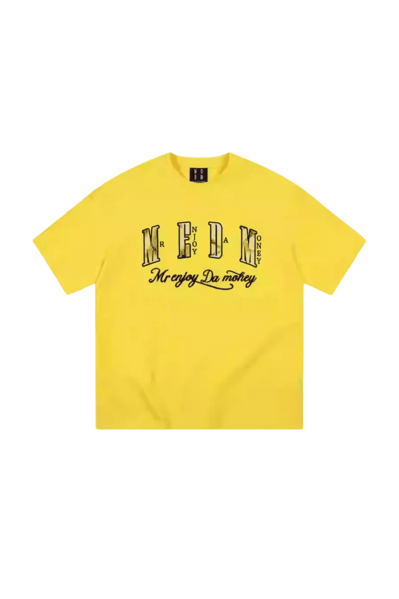 Yellow MEDM Burnt Laced Tee by Mr Enjoy Da Money with bold black logo text on front