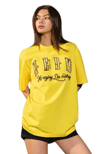Yellow MEDM Burnt Laced Tee by Mr Enjoy Da Money worn by model with black shorts