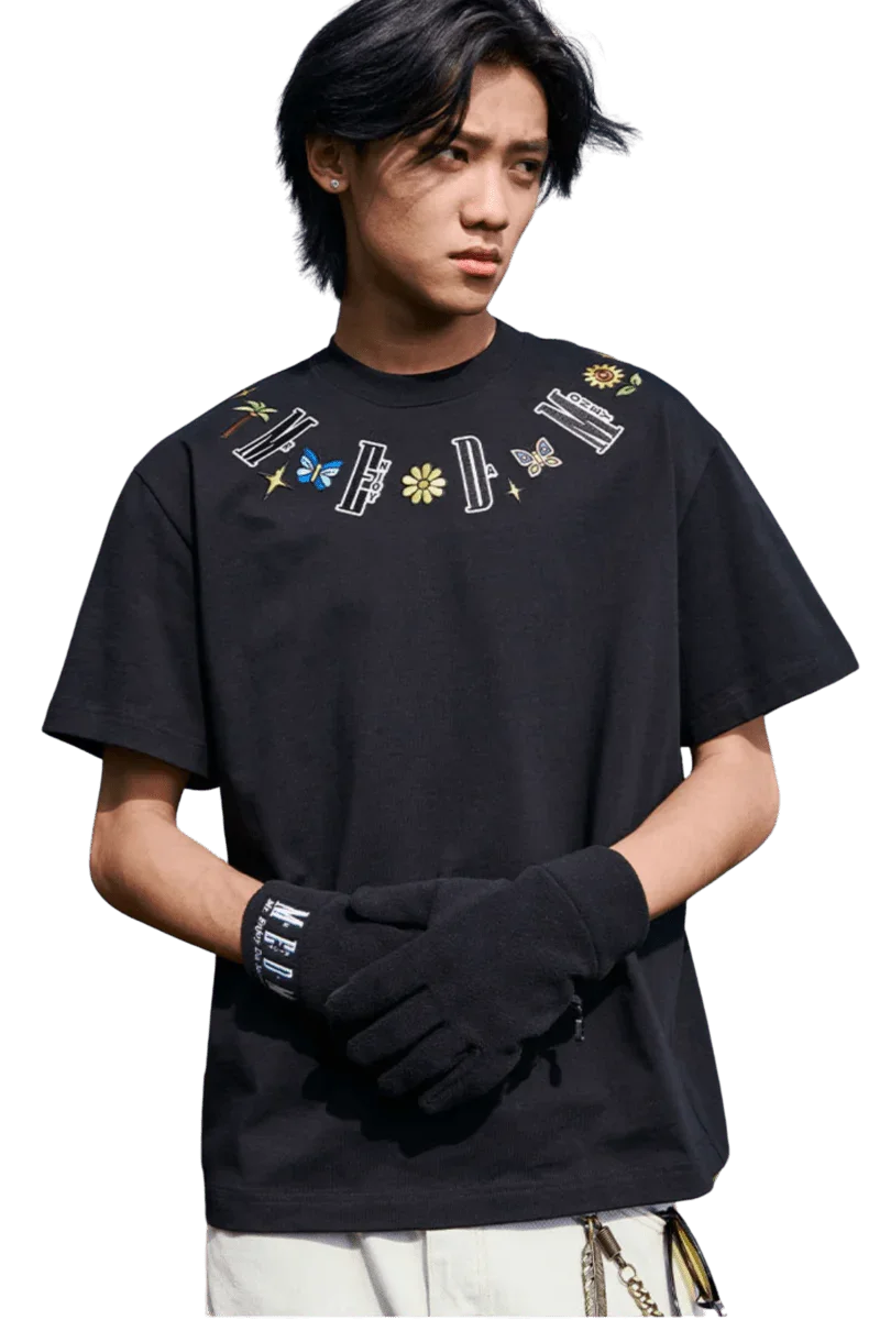 Black MEDM Butterfly Necklace Embroidery Tee by Mr Enjoy Da Money featuring colorful butterfly and flower embroidery on the chest