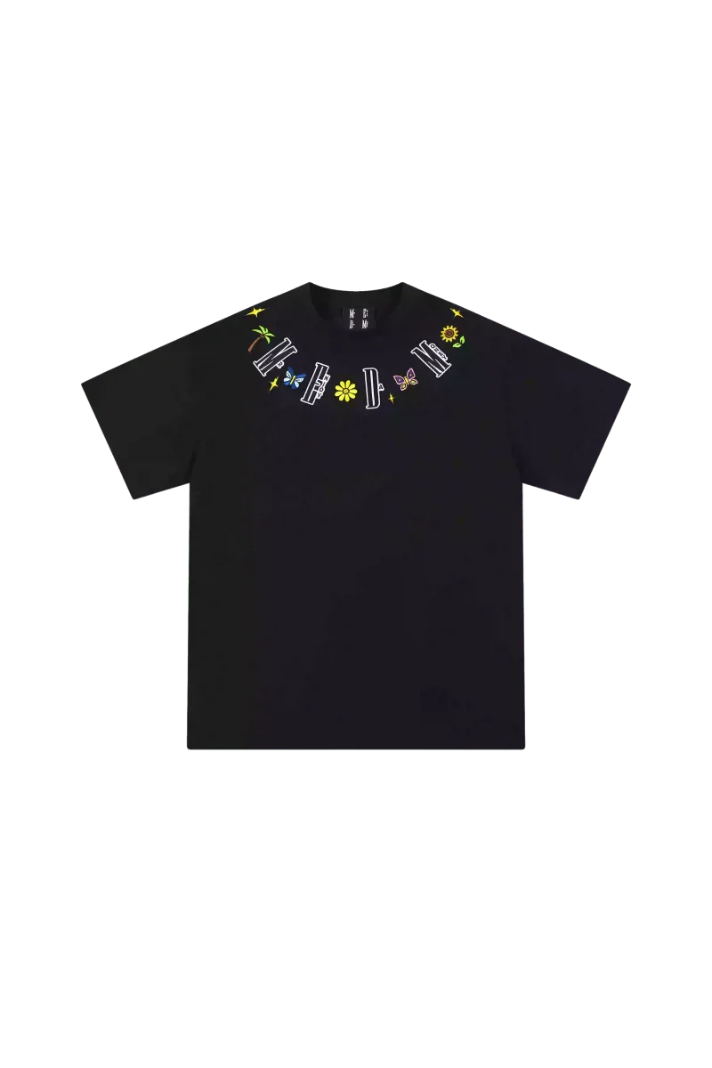 Black MEDM Butterfly Necklace Embroidery Tee by Mr Enjoy Da Money with colorful embroidered butterfly and necklace design