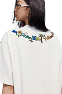 White MEDM Butterfly Necklace Embroidery Tee by Mr Enjoy Da Money with colorful embroidered text on back