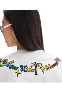 Back view of MEDM Butterfly Necklace Embroidery Tee by Mr Enjoy Da Money with colorful butterfly and palm tree embroidery