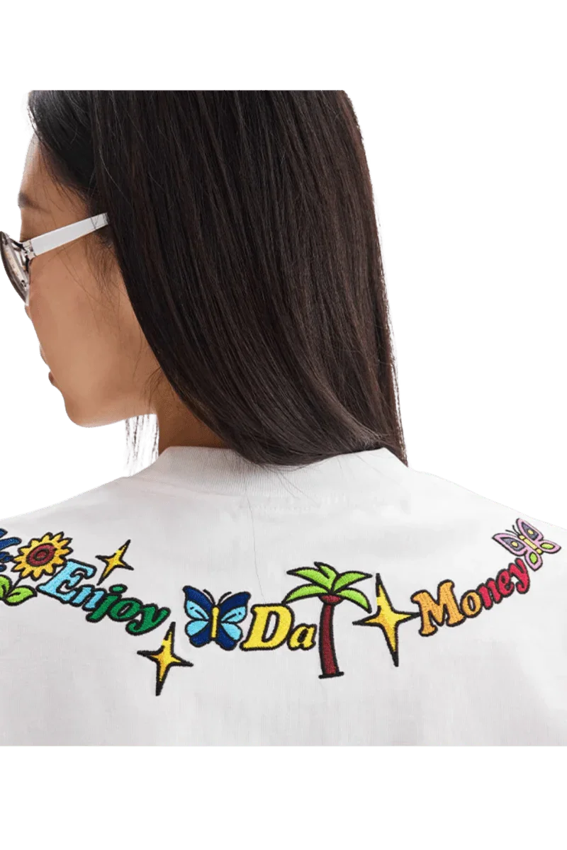 Back view of MEDM Butterfly Necklace Embroidery Tee by Mr Enjoy Da Money with colorful butterfly and palm tree embroidery