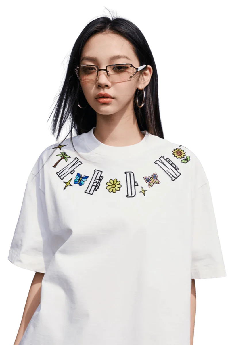 White MEDM Butterfly Necklace Embroidery Tee by Mr Enjoy Da Money with colorful butterfly and flower designs