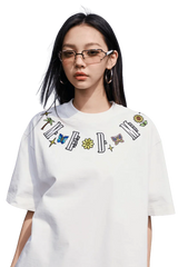 White MEDM Butterfly Necklace Embroidery Tee by Mr Enjoy Da Money with colorful butterfly and flower designs