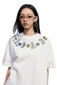White MEDM Butterfly Necklace Embroidery Tee by Mr Enjoy Da Money with colorful butterfly and flower designs