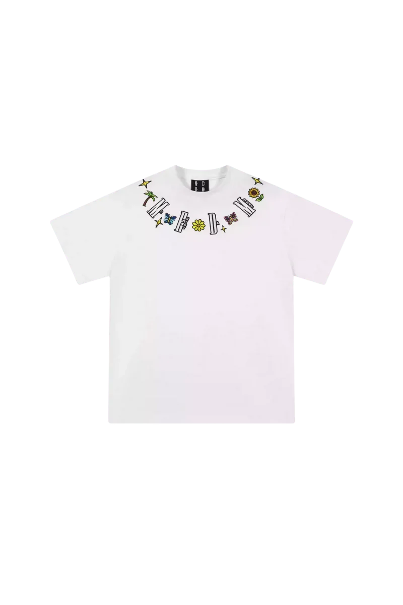 White MEDM Butterfly Necklace Embroidery Tee by Mr Enjoy Da Money with colorful embroidered necklace design
