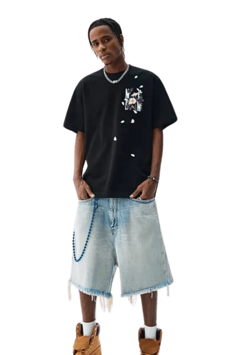 MEDM Falling Petals Embroidery Tee black oversized t-shirt with floral design worn with denim shorts