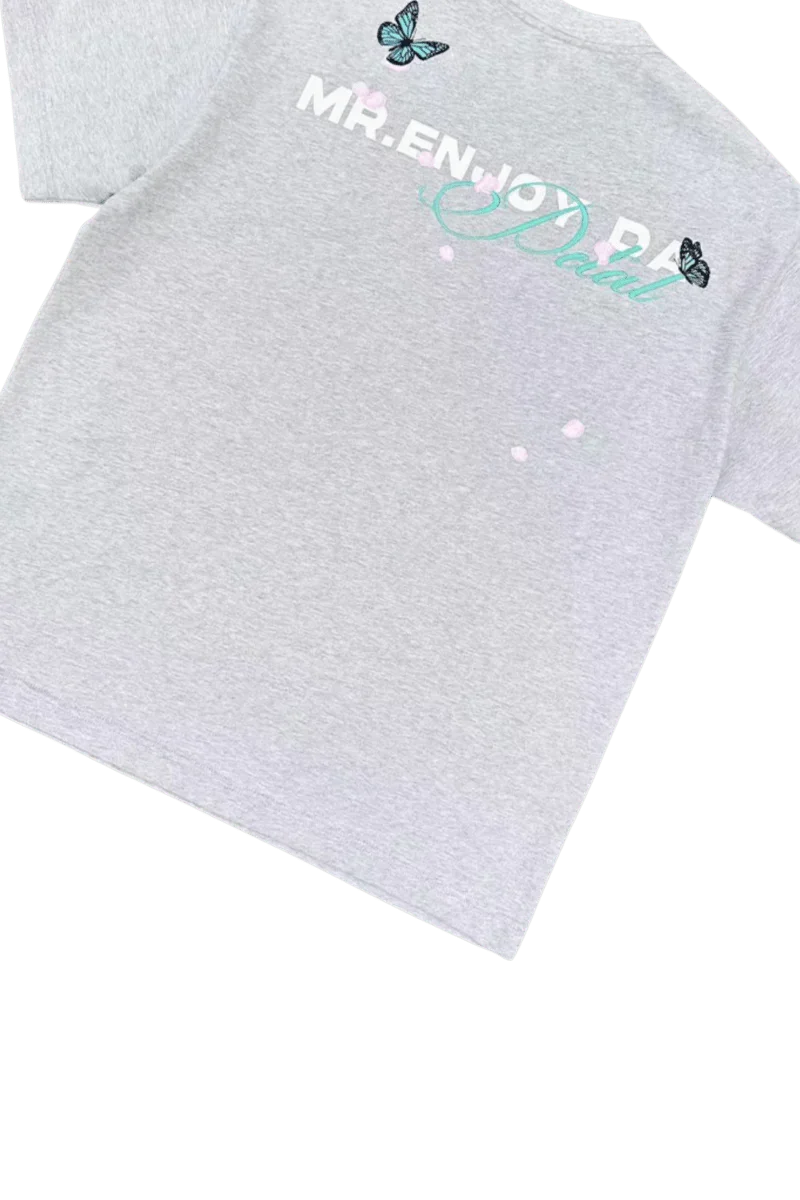 Gray MEDM Falling Petals Embroidery Tee by Mr Enjoy Da Money with butterfly and floral embroidery on back