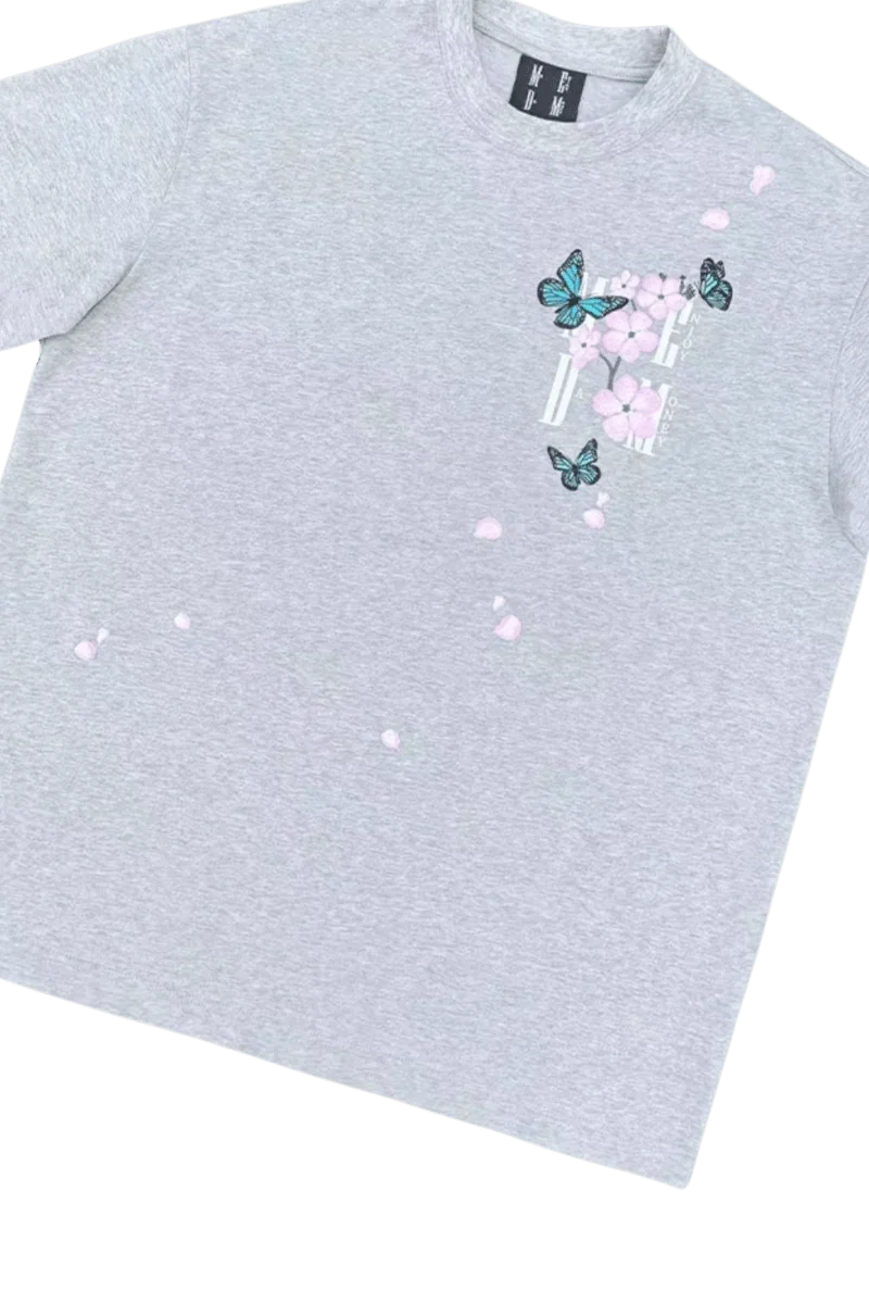 Gray MEDM Falling Petals Embroidery Tee by Mr Enjoy Da Money with butterfly and petal design