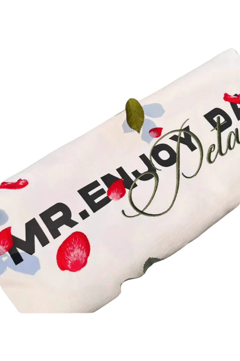 White MEDM Falling Petals Embroidery Tee by Mr Enjoy Da Money with red floral petal design
