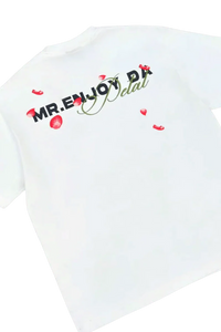 White MEDM Falling Petals Embroidery Tee by Mr Enjoy Da Money with rose petal and logo design