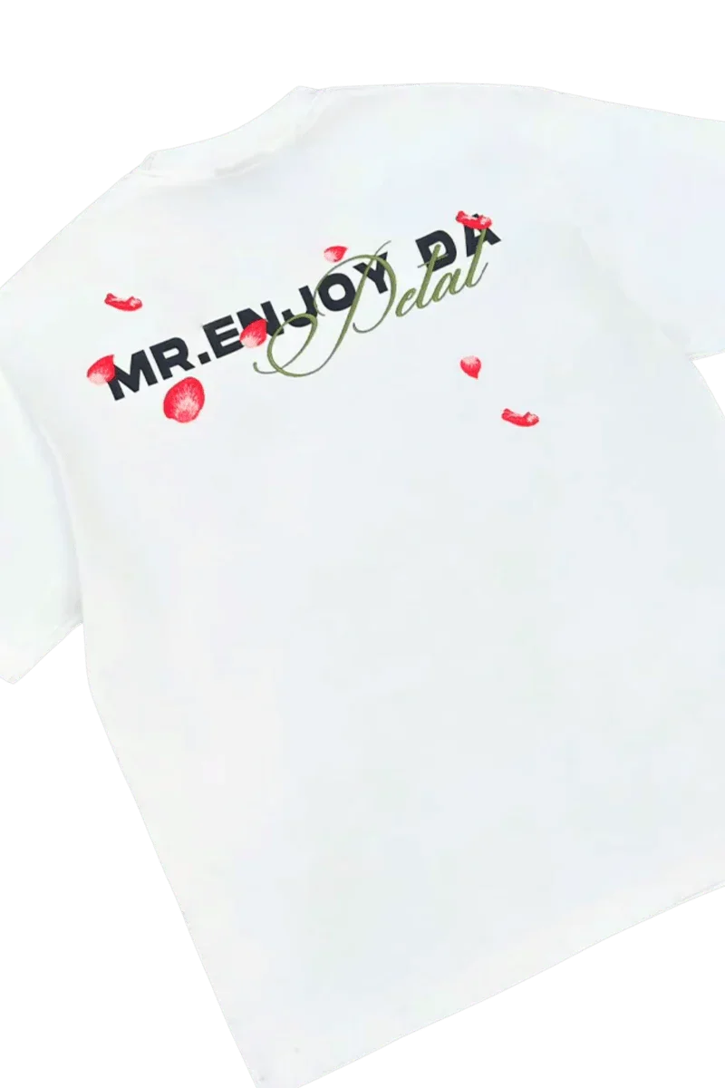 White MEDM Falling Petals Embroidery Tee by Mr Enjoy Da Money with rose petal and logo design