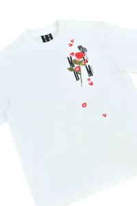 White MEDM Falling Petals Embroidery Tee by Mr Enjoy Da Money with floral and petal design on front
