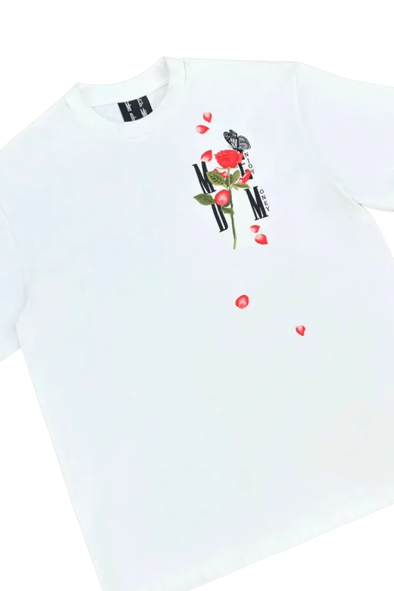 White MEDM Falling Petals Embroidery Tee by Mr Enjoy Da Money with floral and petal design on front