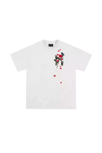 White MEDM Falling Petals Embroidery Tee by Mr Enjoy Da Money with red and black floral embroidery on chest