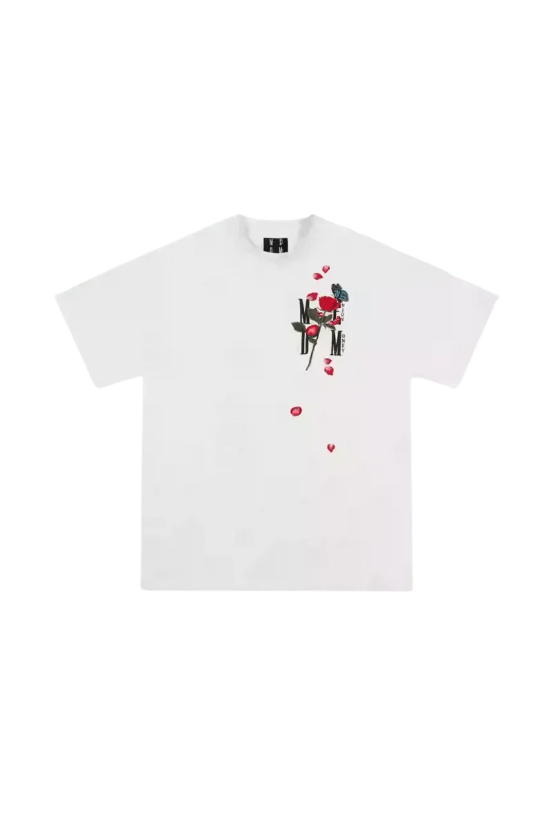 White MEDM Falling Petals Embroidery Tee by Mr Enjoy Da Money with red and black floral embroidery on chest