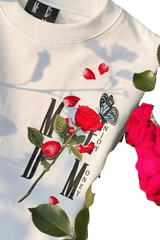 White MEDM Falling Petals Embroidery Tee by Mr Enjoy Da Money with red rose and butterfly design