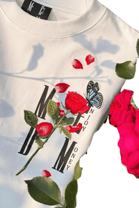 White MEDM Falling Petals Embroidery Tee by Mr Enjoy Da Money with red rose and butterfly design