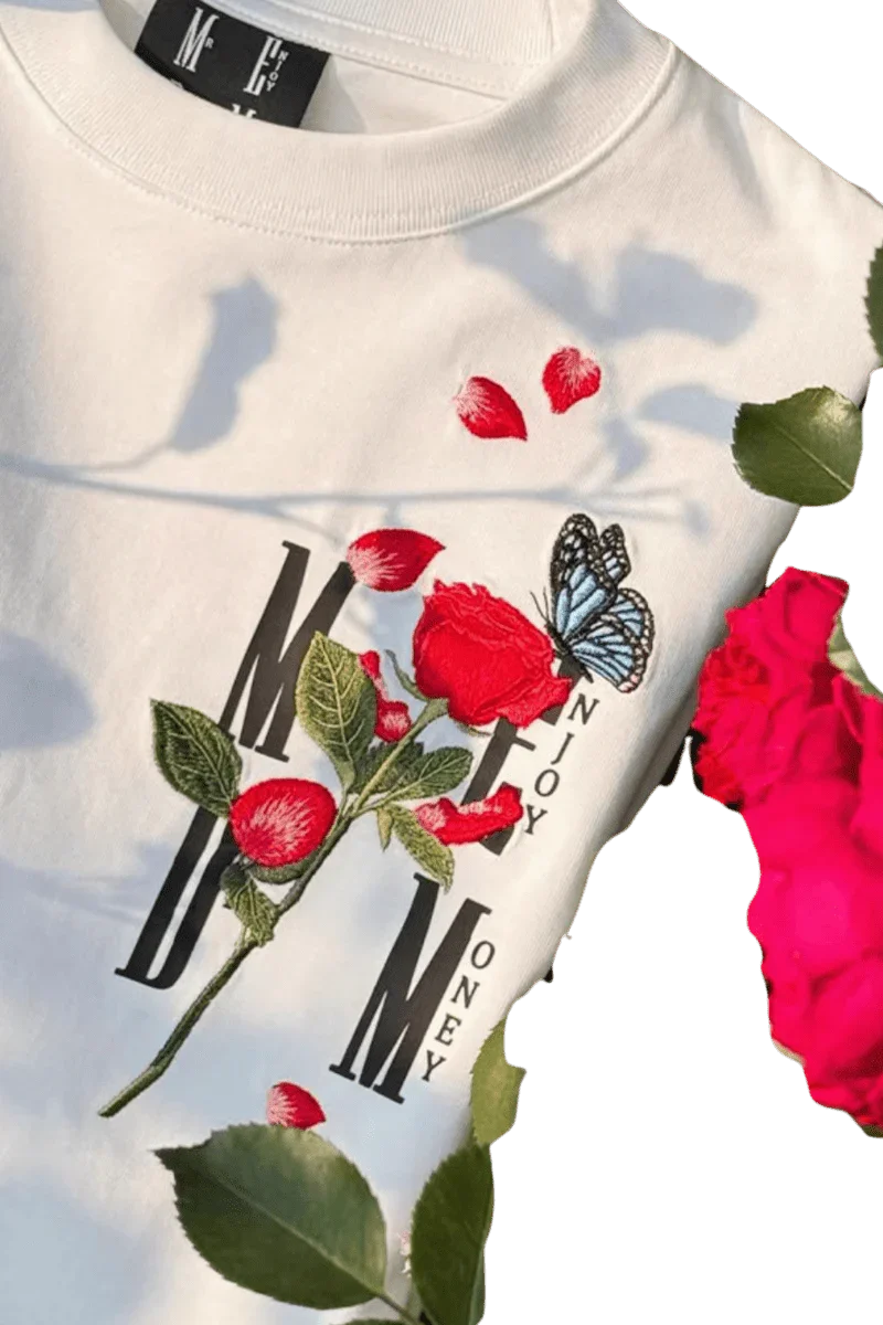 White MEDM Falling Petals Embroidery Tee by Mr Enjoy Da Money with red rose and butterfly design